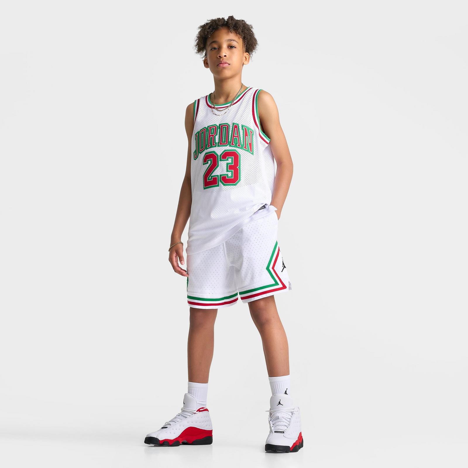 Big Kids' Jordan Dri-FIT Diamond Mesh Basketball Shorts - White/Red/Green - view 2