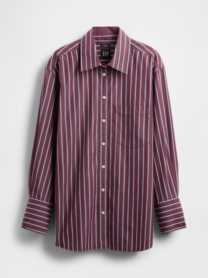 Organic Cotton Poplin Stripe Big Shirt - Purple burgundy stripe