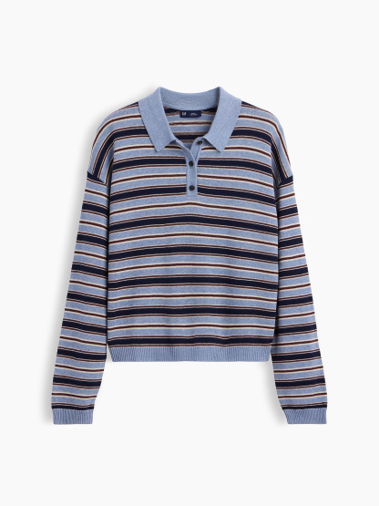100% Cotton Relaxed Polo Sweater - Blue stripe