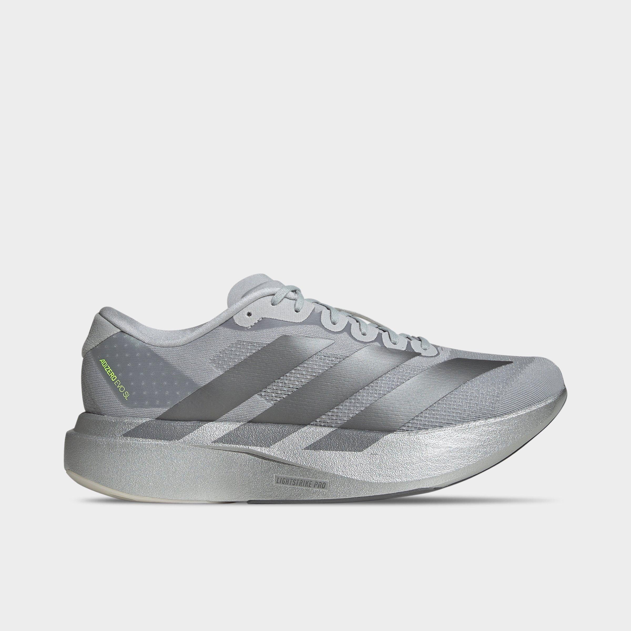Men's adidas Adizero EVO SL Running Shoes - Part 1 - Silver Metallic/Iron Metallic/Halo Silver - Left shoe facing left. Outside of the shoe.