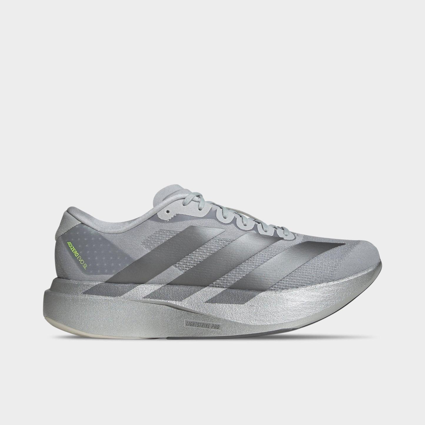 Men's adidas Adizero EVO SL Running Shoes - Part 1 - Silver Metallic/Iron Metallic/Halo Silver - Left shoe facing left. Outside of the shoe.