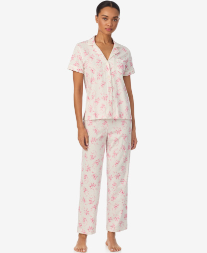Lauren Ralph Lauren Women's Short-Sleeve Top and Ankle-Length Pajama Pants, 2-Piece Set - Pink and Cream Floral