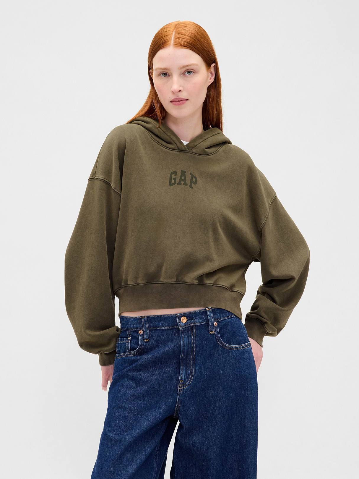 VintageSoft Crop Logo Hoodie - Black moss green wash