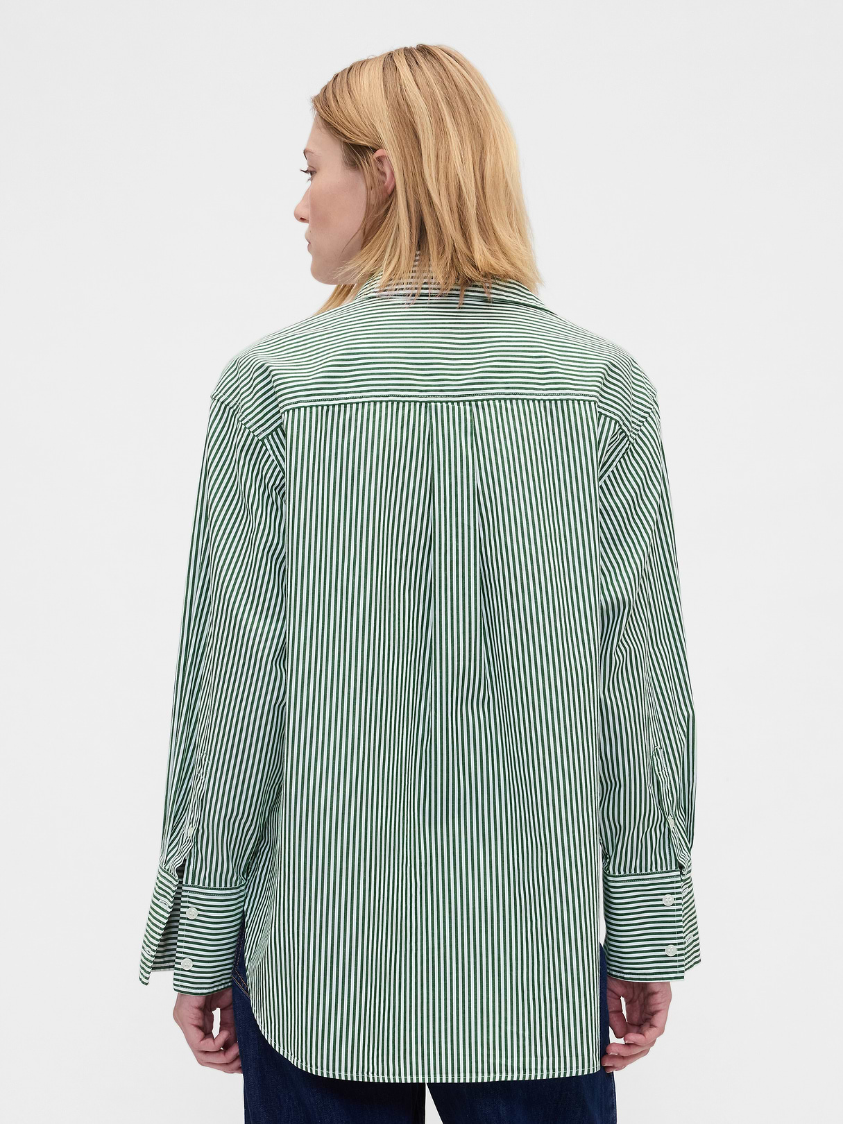 Organic Cotton Poplin Stripe Big Shirt - Green stripe