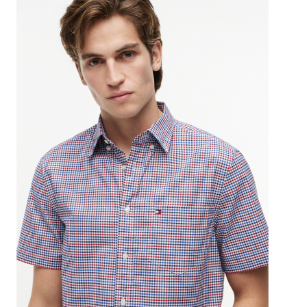 Tommy Hilfiger Men's Oxford Multi-Gingham Short-Sleeve Shirt - Medium Red / Check