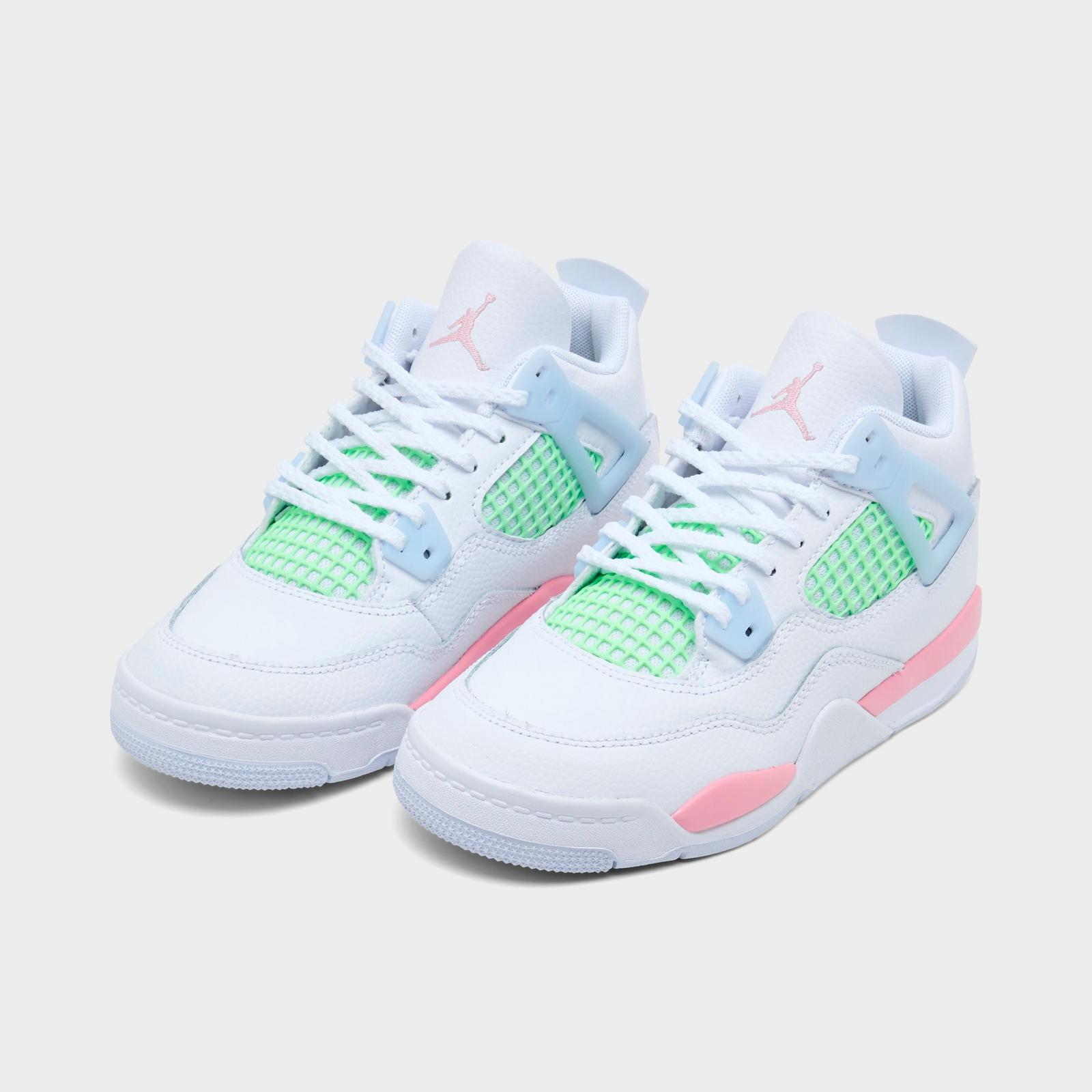 Girls' Little Kids' Air Jordan Retro 4 Basketball Shoes - White/Medium Soft Pink/Half Blue/Vapor Green - view 2