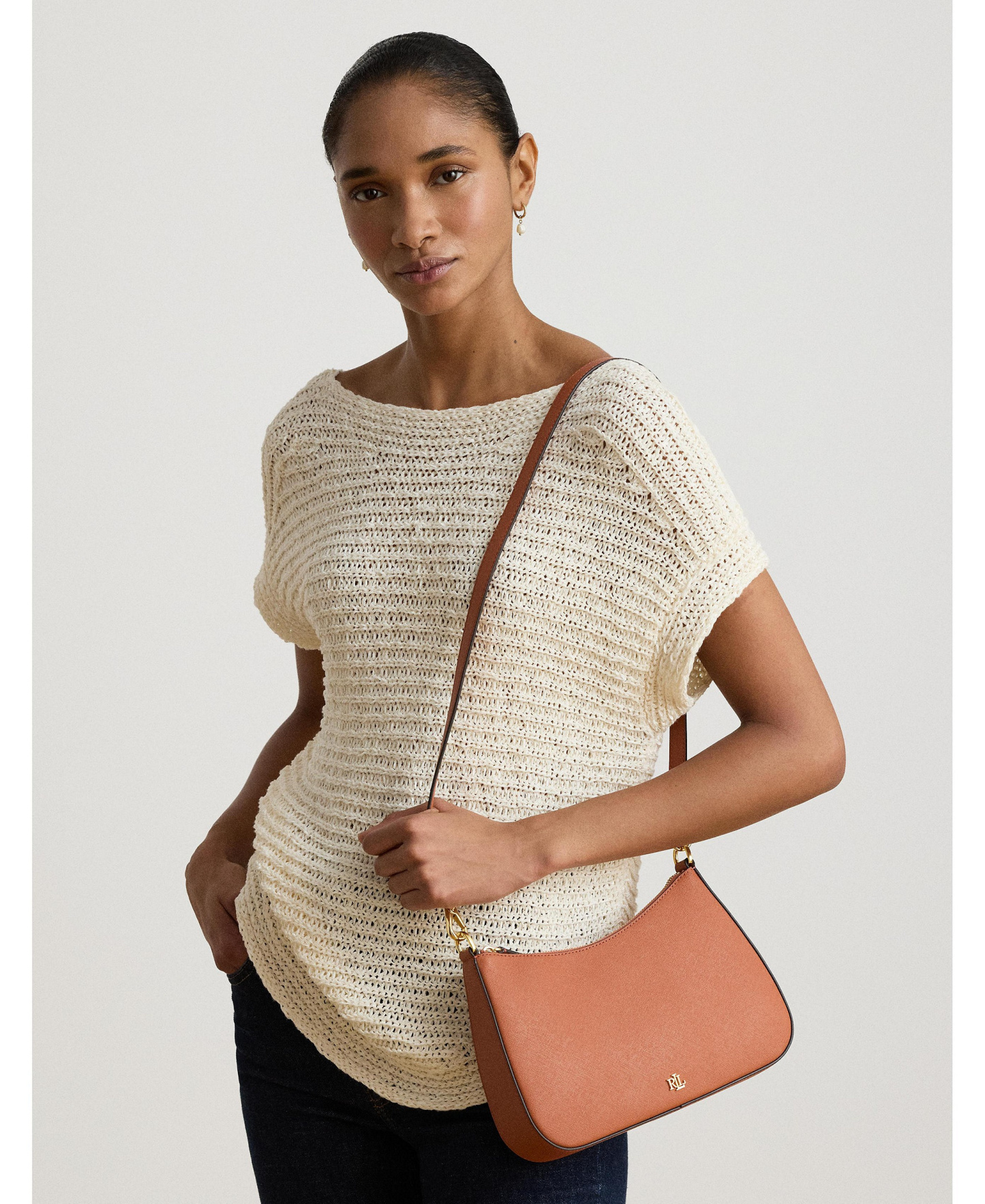Lauren Ralph Lauren Danni Crosshatch Small Leather Slim Shoulder Handbag - Red Terracotta