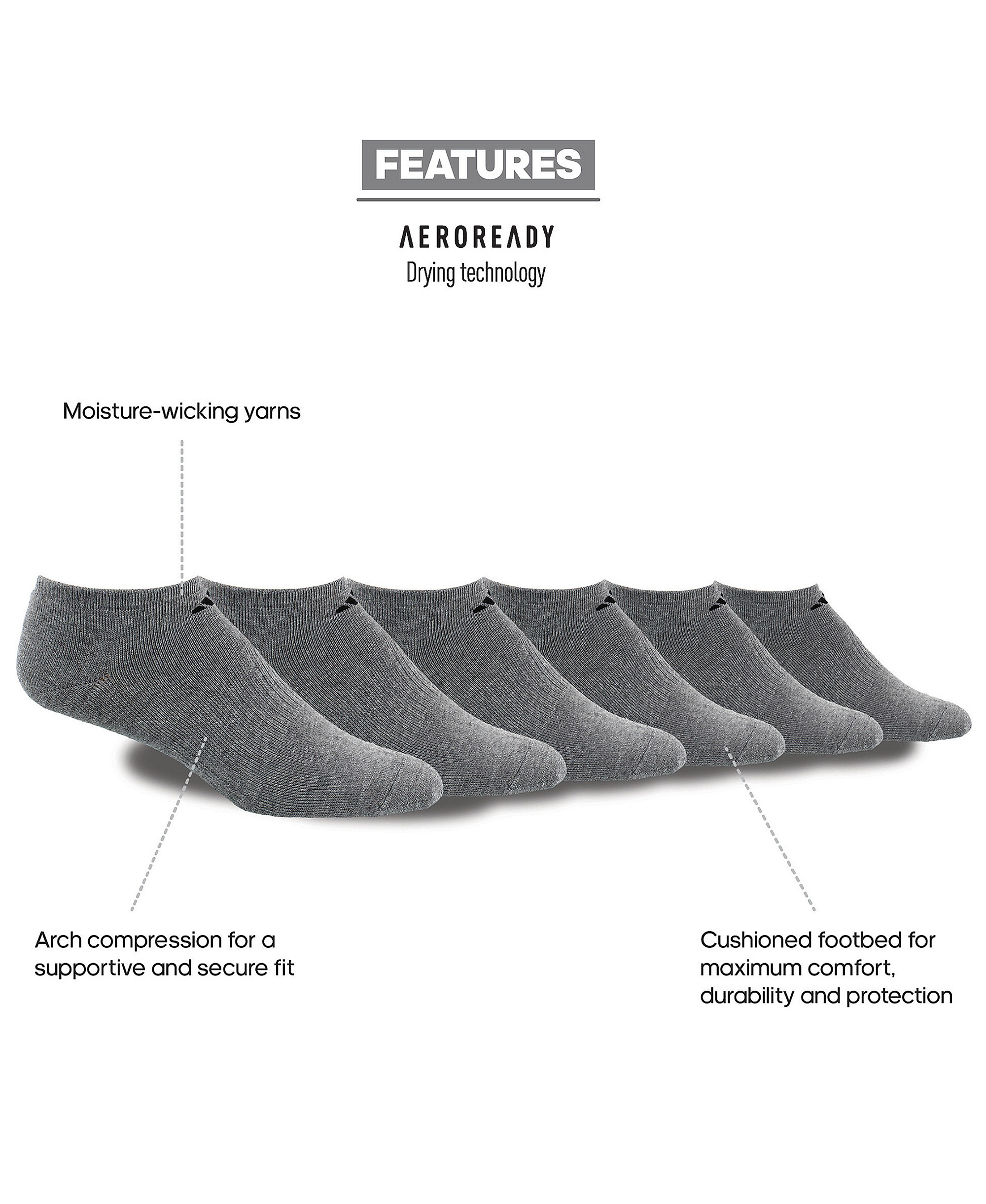 adidas Men's Cushioned Athletic 6-Pack No Show Socks - Medium Grey