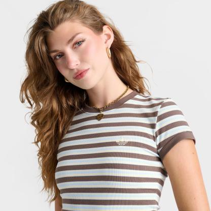 Women's adidas Originals Striped Rib Baby T-Shirt - Ice Blue/Earth Strata - view 5