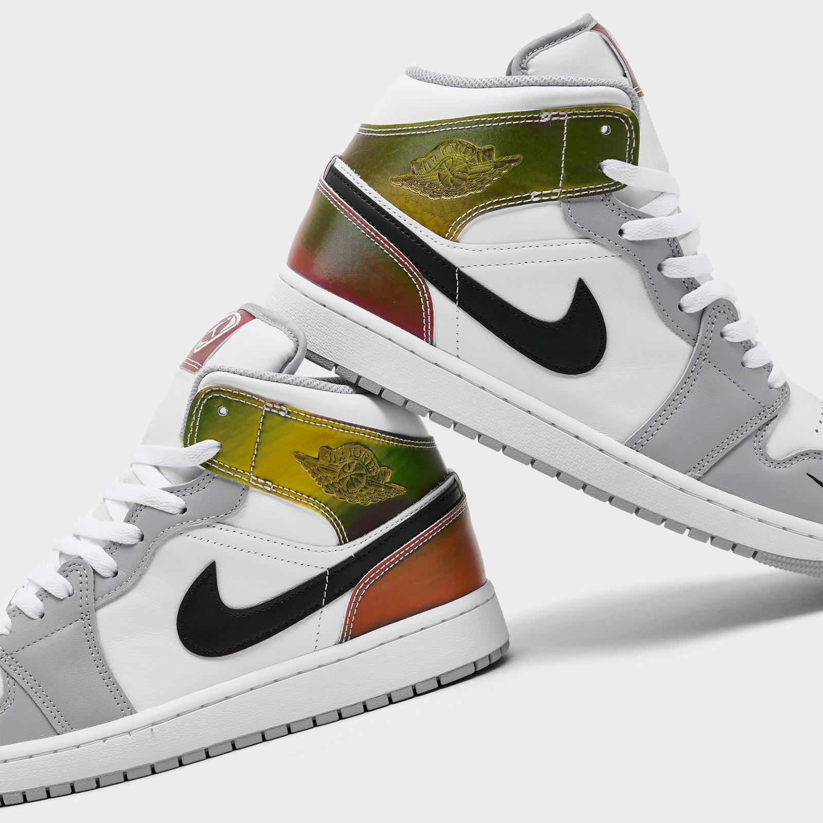 Men's Air Jordan Retro 1 Mid SE Casual Shoes - Multi-Color/White/Wolf Grey/Black - Left shoe facing left. Outside of the shoe. - view 3