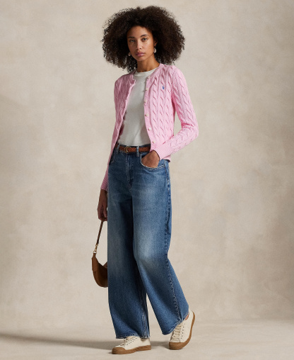 Polo Ralph Lauren Women's Cable-Knit Cotton Crewneck Cardigan Sweater - Carmel Pink
