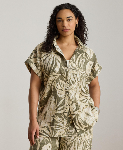 Lauren Ralph Lauren Women's Printed Point Collar Short-Sleeve Shirt - Olive Multi