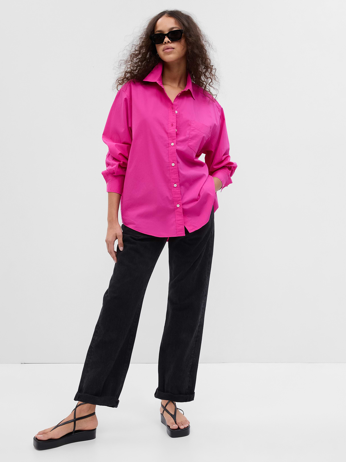 Organic Cotton Poplin Stripe Big Shirt - viva magenta pink