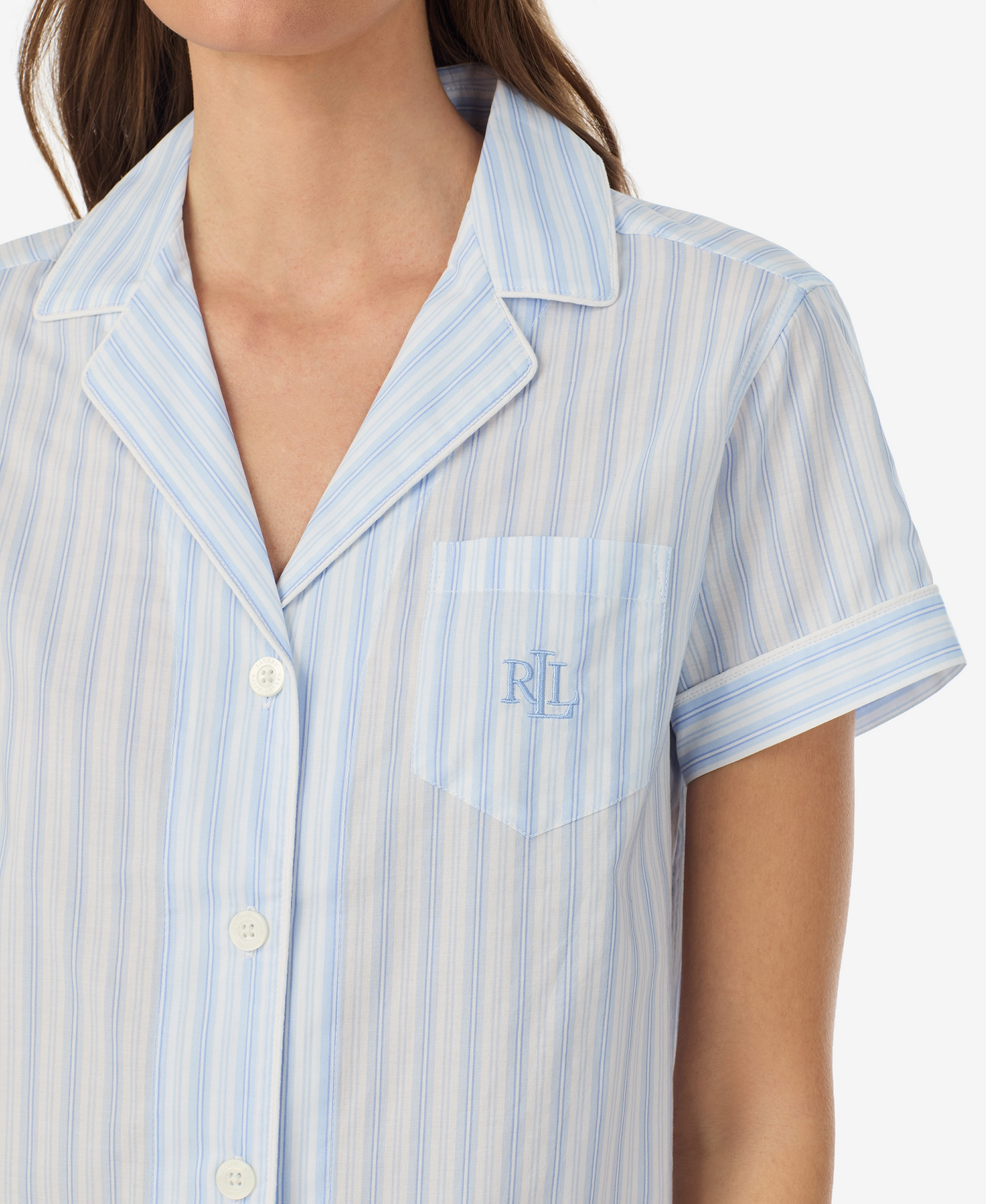 Lauren Ralph Lauren Women's Notch Collar Top and Cropped Pajama Pants, 2-Piece Set - Pale Blue Stripe