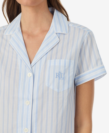 Lauren Ralph Lauren Women's Notch Collar Top and Cropped Pajama Pants, 2-Piece Set - Pale Blue Stripe