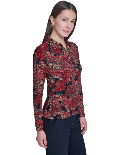 Tommy Hilfiger Women's Long-Sleeve Paisley Print Collared Top - Midnight Multi