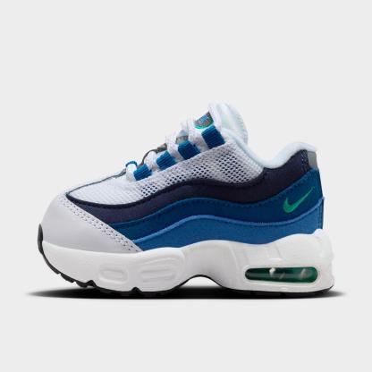 Kids' Toddler Nithtke Air Max 95 Casual Shoes - White/Lake Blue/French Blue/Emerald Green - Left shoe facing left. Outside of the shoe.