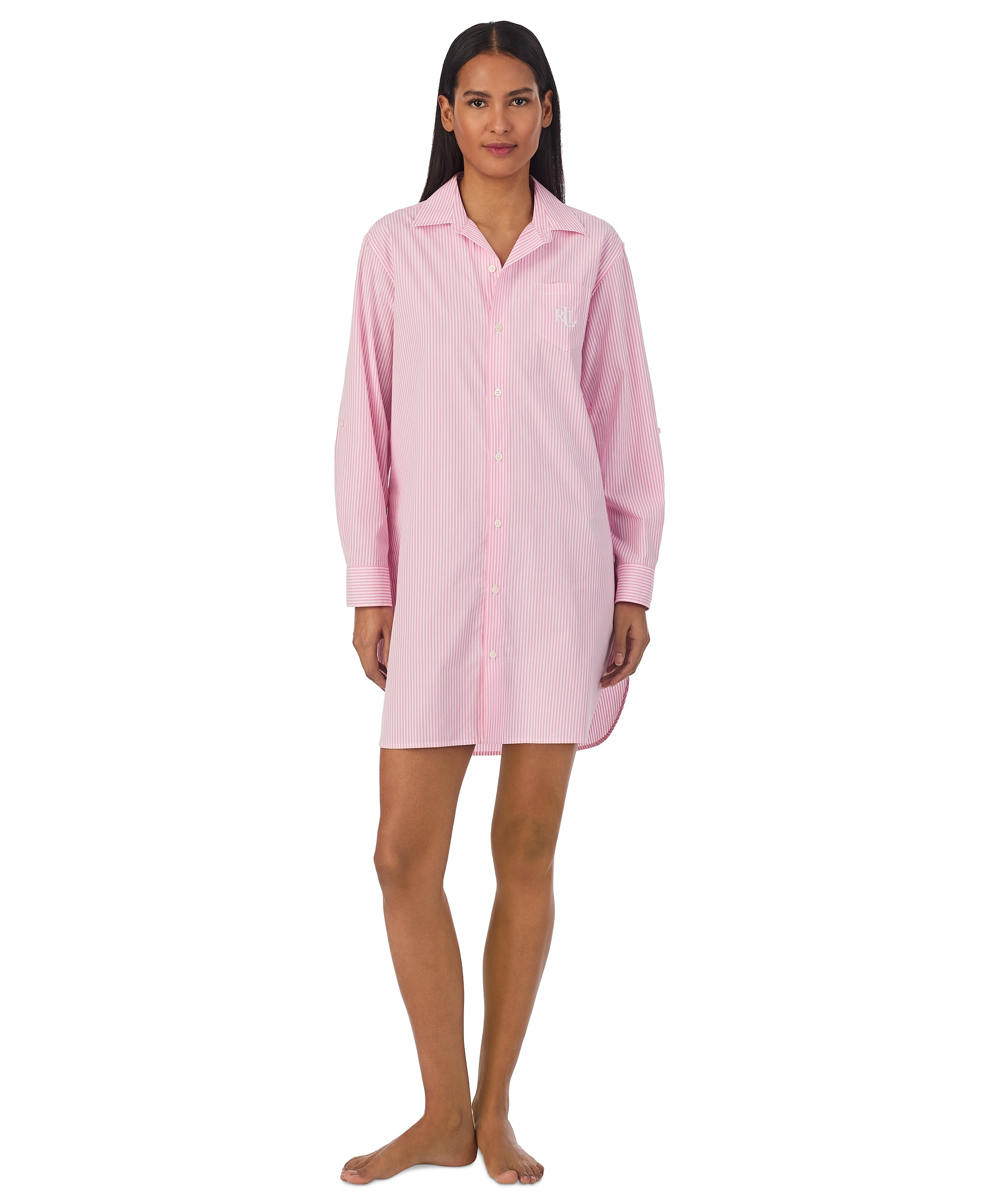 Lauren Ralph Lauren Women's Long-Sleeve Roll-Tab His Shirt Sleepshirt - Pink Stripe