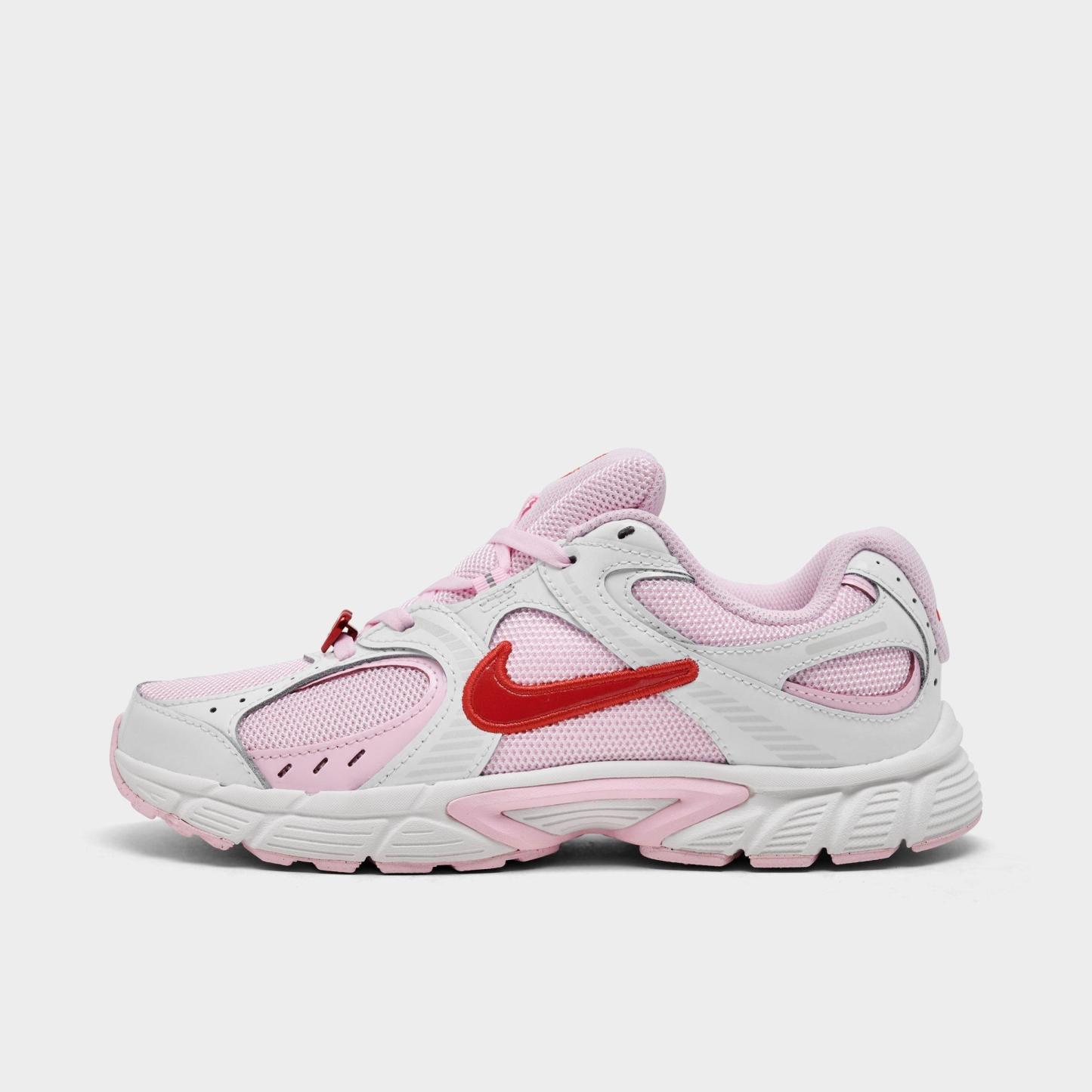 Big Kids' Nithtke V5 RNR Suede Casual Shoes - Summit White/Pink Foam/Playful Pink/Light Crimson - Left shoe facing left. Outside of the shoe.