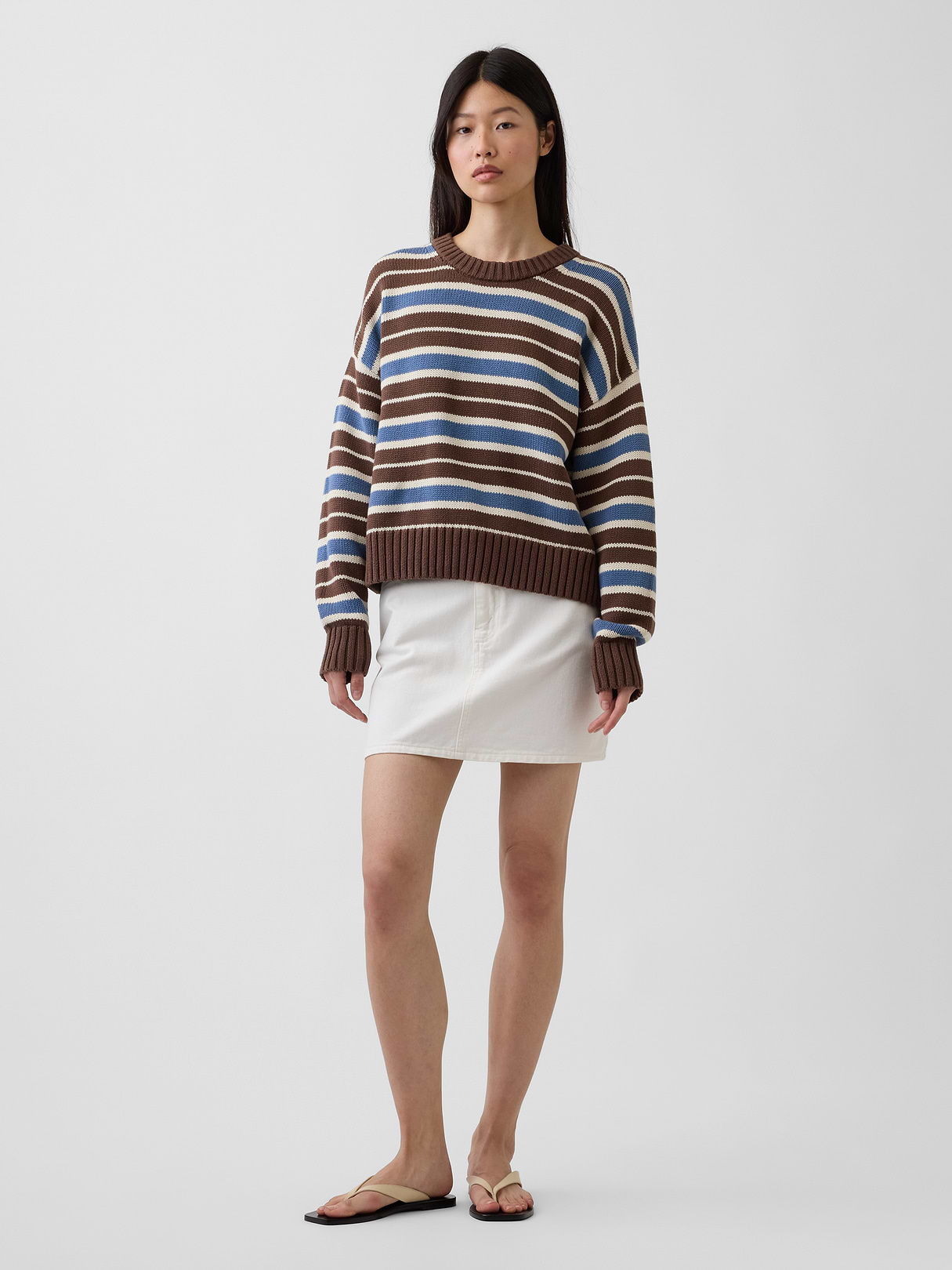 100% Cotton Oversized Crop Sweater - Brown & blue stripe