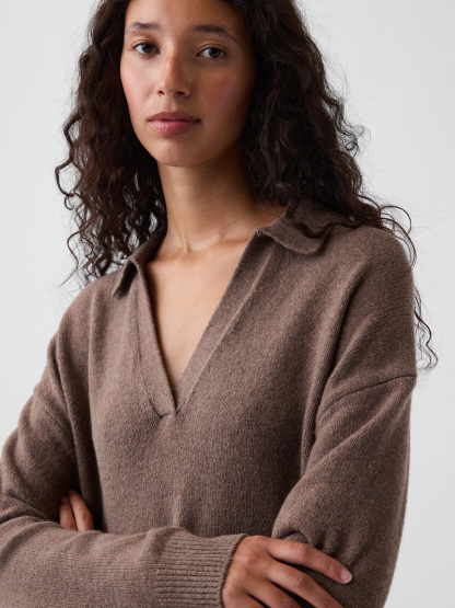 CashSoft Oversized Polo Sweater Mini Dress - Cool brown