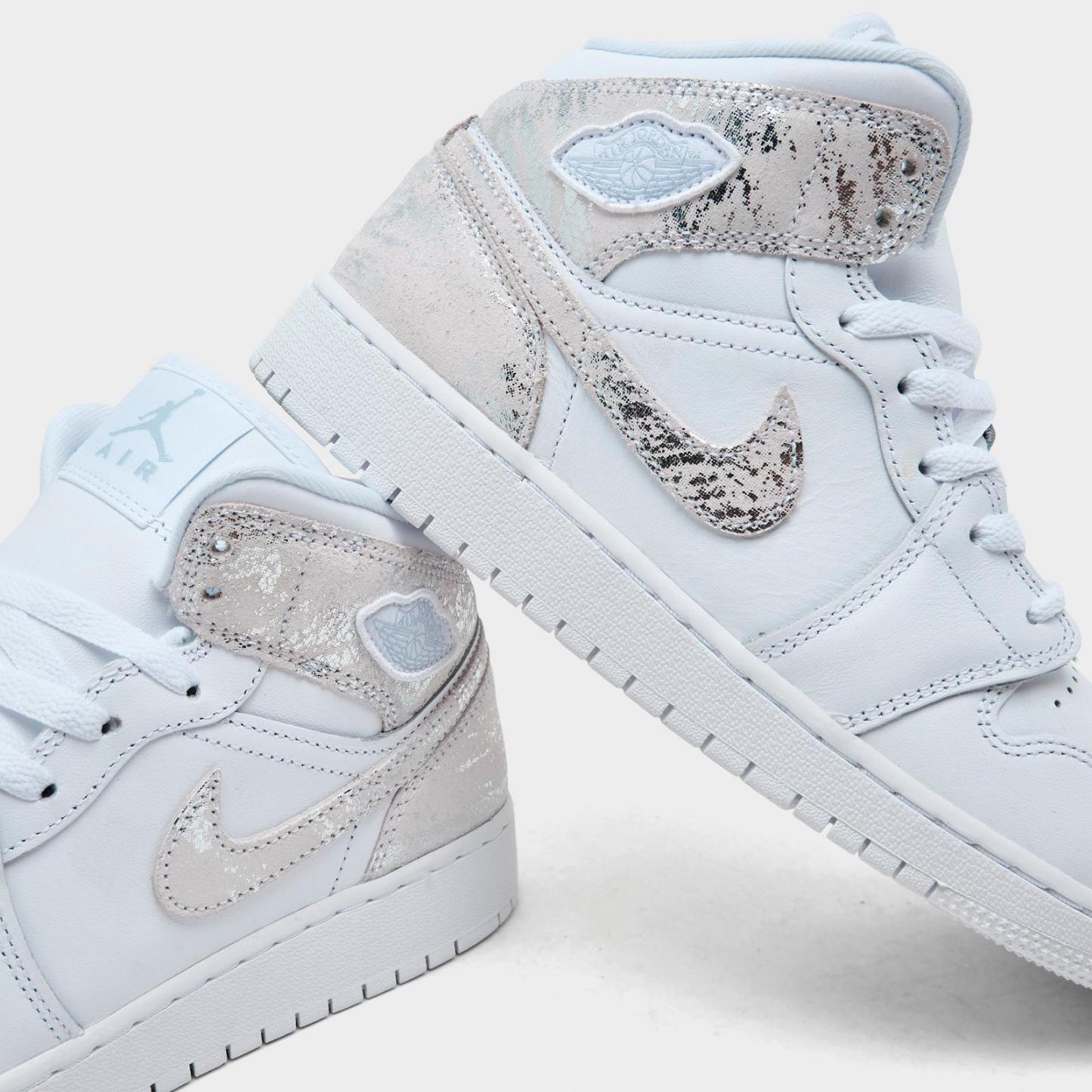 Big Kids' Air Jordan Retro 1 Mid SE Casual Shoes - White/White/White/Field Silver - view 3