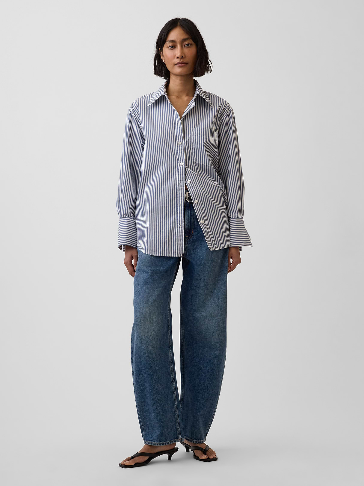 Organic Cotton Poplin Big Shirt - White and blue stripe