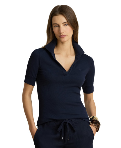 Lauren Ralph Lauren Women's Jersey Short-Sleeve Collared Top - Lauren Navy