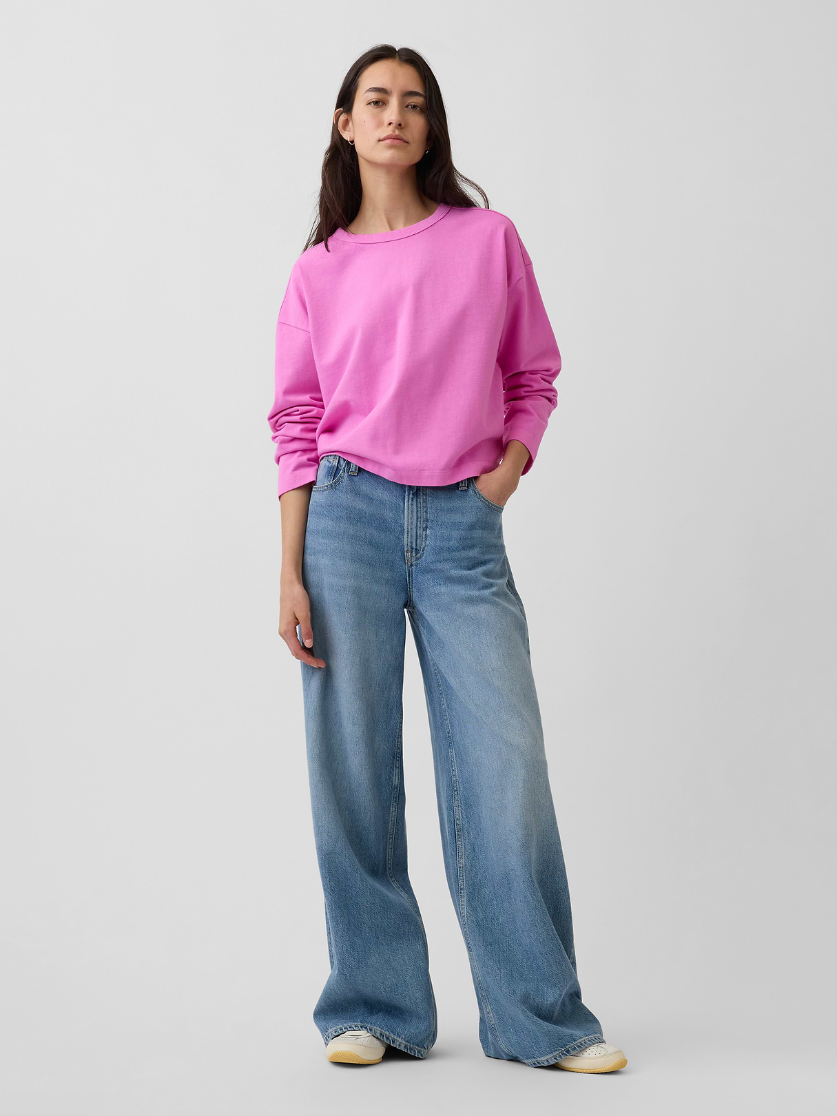 Knit Oversized Crop T-Shirt - Neon pink glow