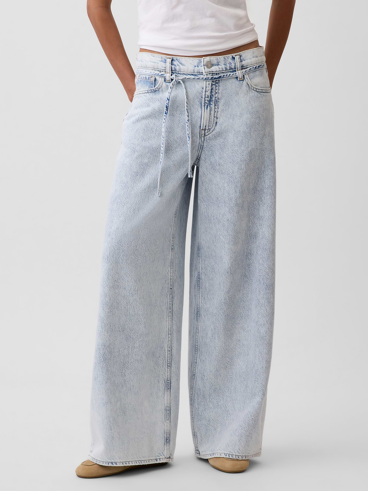 Mid Rise Denim Stripe Baggy Jeans - Light indigo