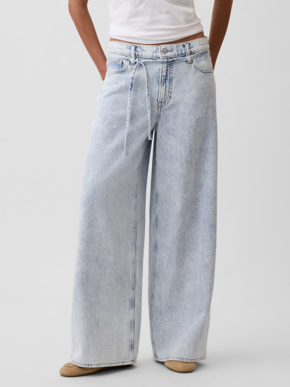 Mid Rise Denim Stripe Baggy Jeans - Light indigo