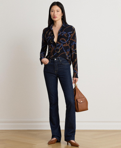 Lauren Ralph Lauren Women's Belting-Print Stretch Jersey Shirt - Navy Multi
