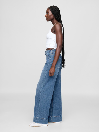 High Rise Stride Cuffed Wide-Leg Jeans - Medium wash