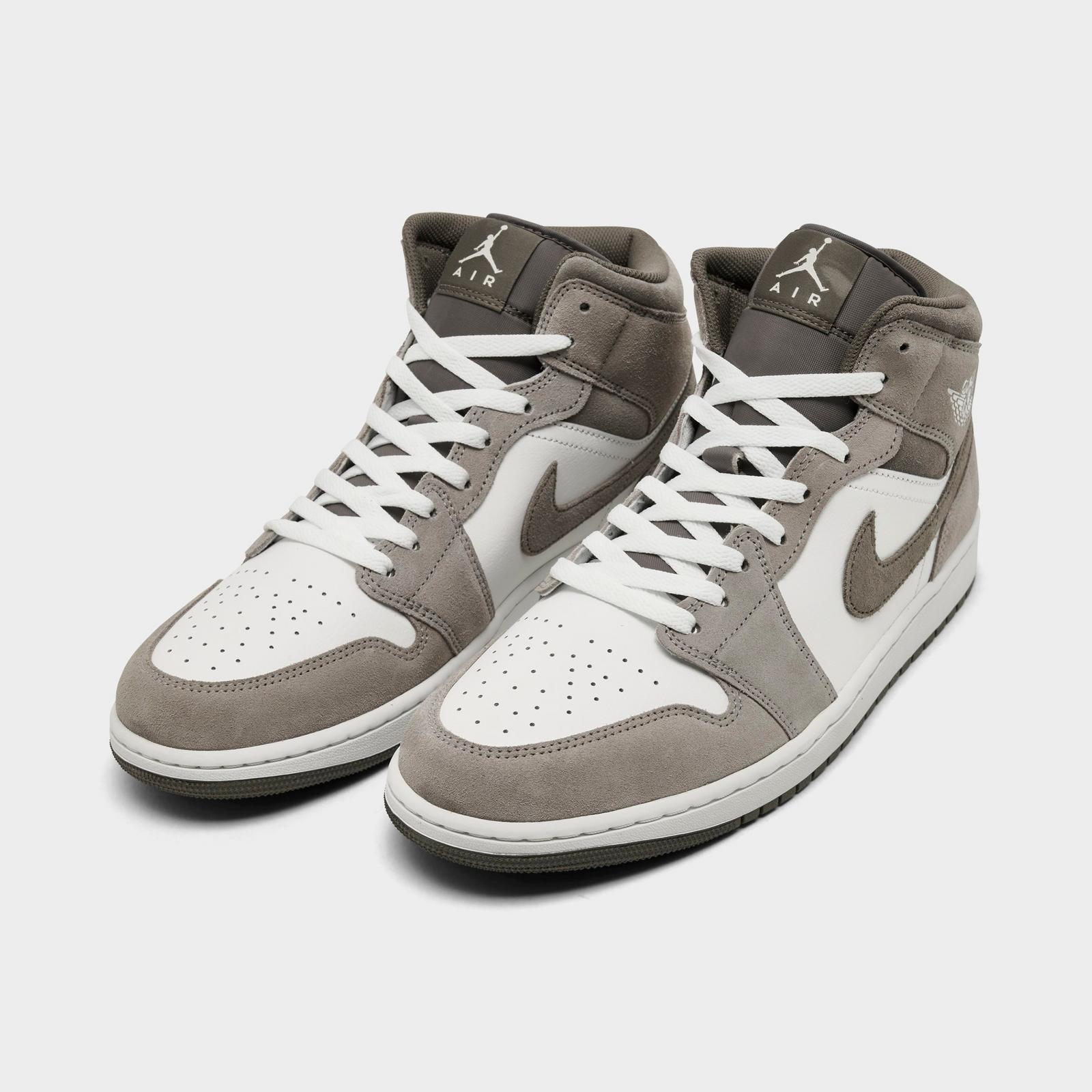 Men's Air Jordan Retro 1 Mid Casual Shoes - Enigma Stone/Summit White/Olive Grey - Left shoe facing left. Outside of the shoe. - view 2