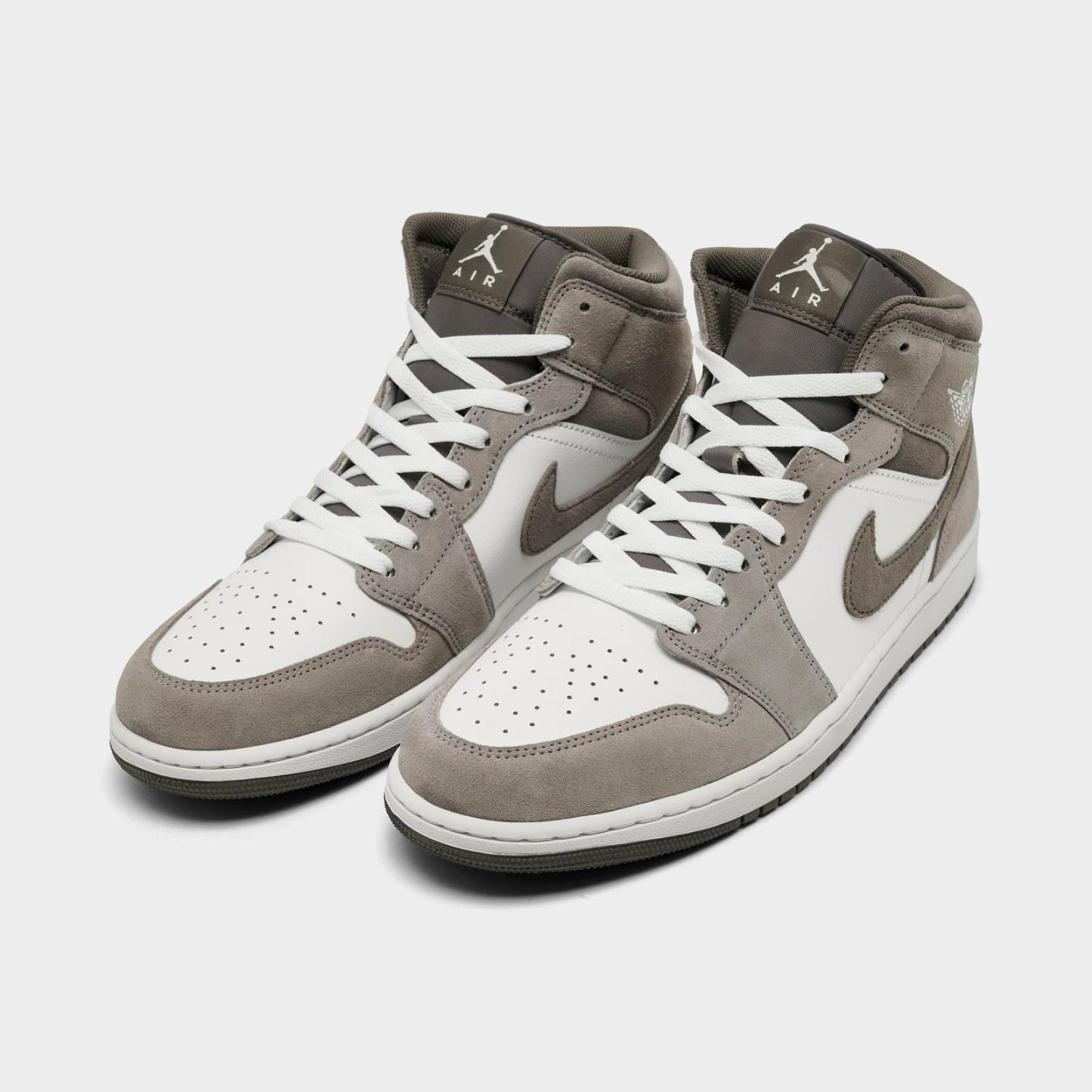 Men's Air Jordan Retro 1 Mid Casual Shoes - Enigma Stone/Summit White/Olive Grey - Left shoe facing left. Outside of the shoe. - view 2