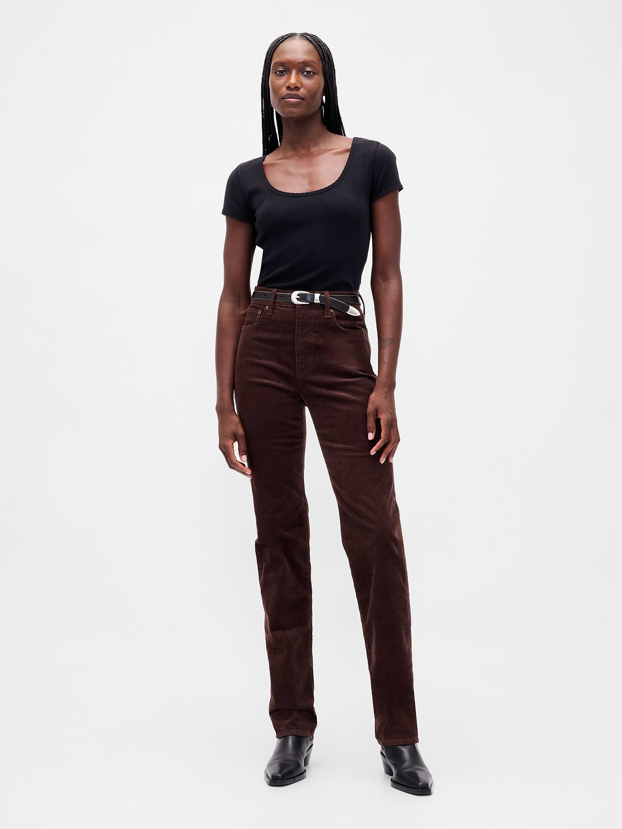 High Rise Belted '90s Slim Straight Jeans - Dark brown