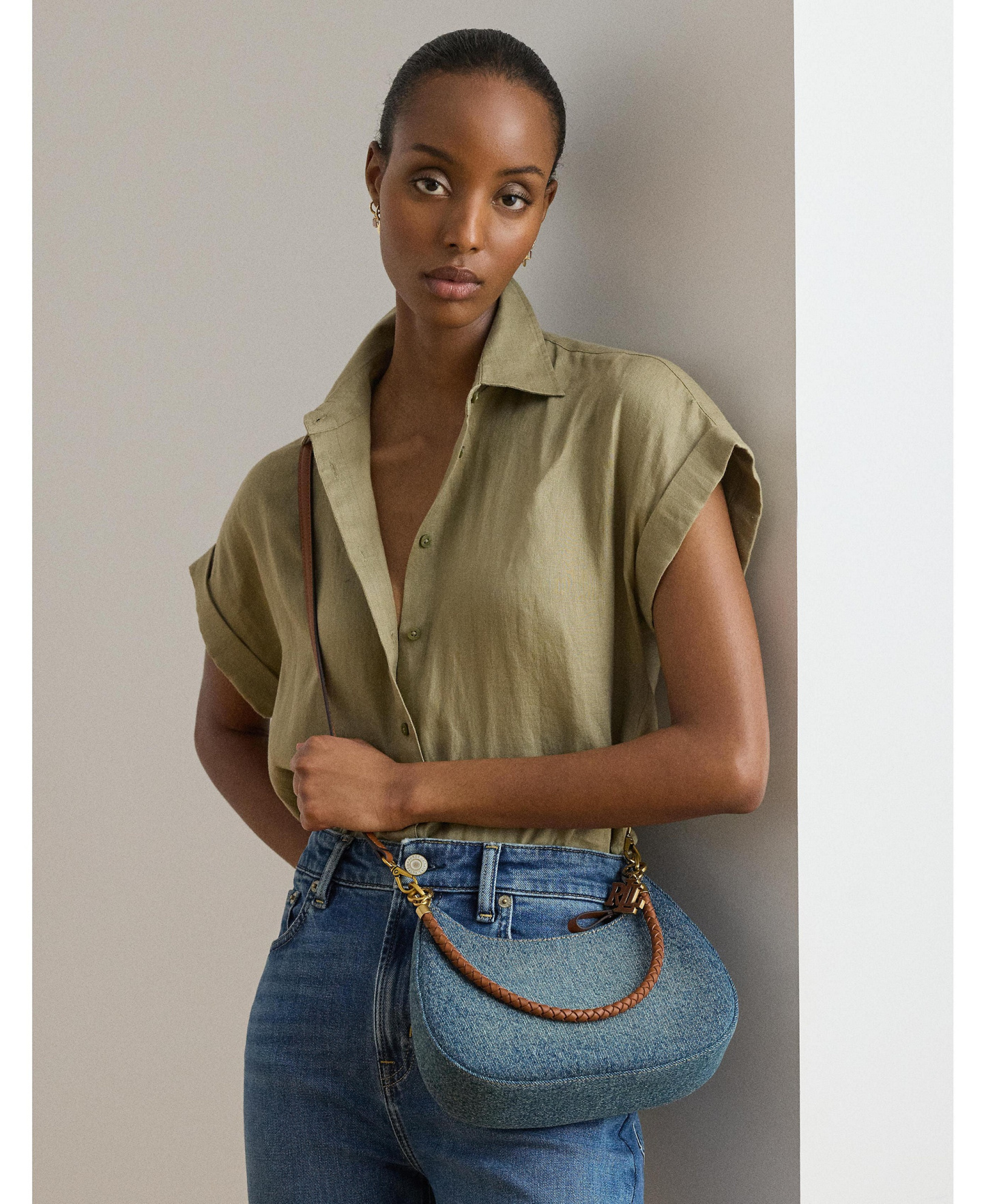 Lauren Ralph Lauren Marcy Medium Denim Zip Shoulder Bag - Oxford Blue/Lauren Tan