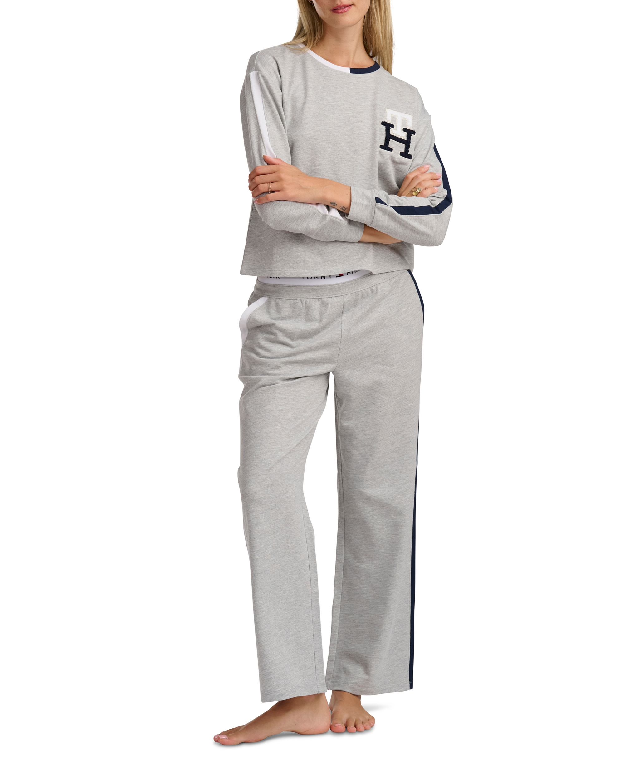 Tommy Hilfiger Women's Long-Sleeve Wide-Leg Pullover and Long Pants, 2-Piece Set - Heather Gray