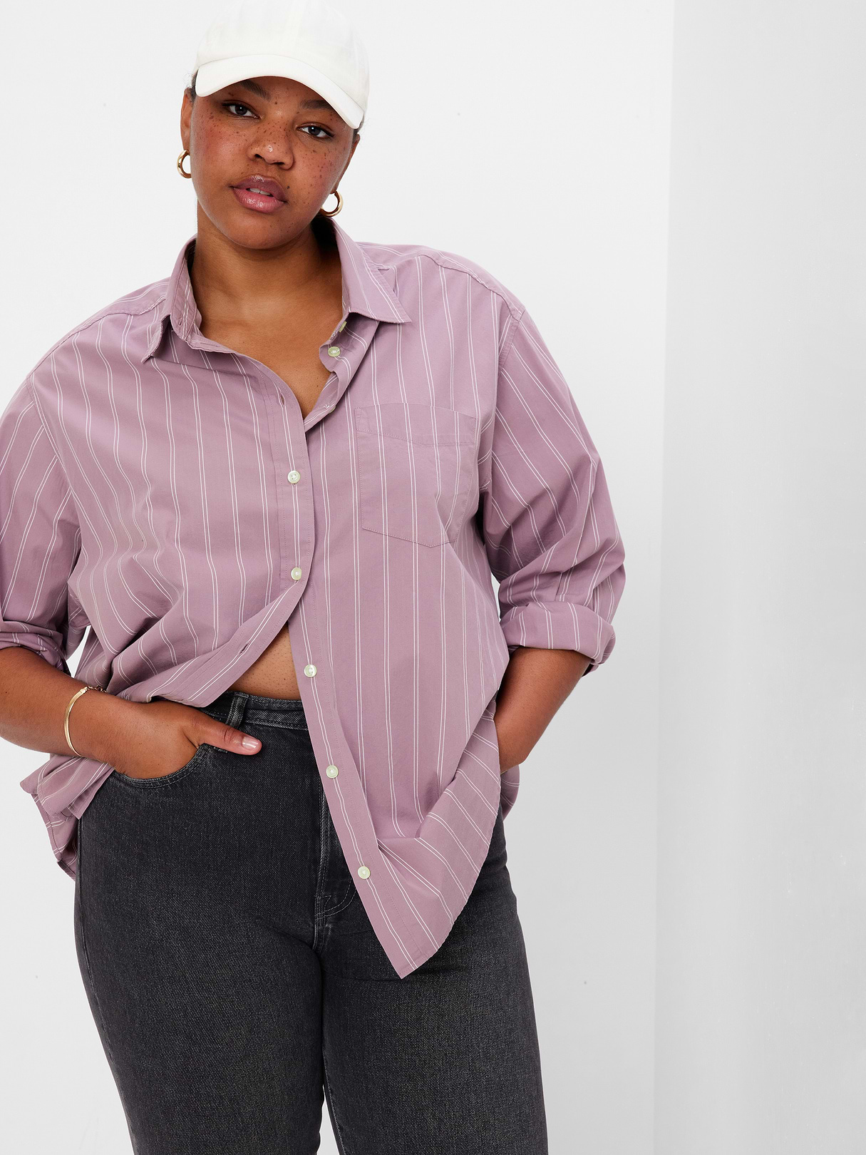 Organic Cotton Poplin Stripe Big Shirt - amethyst purple stripe