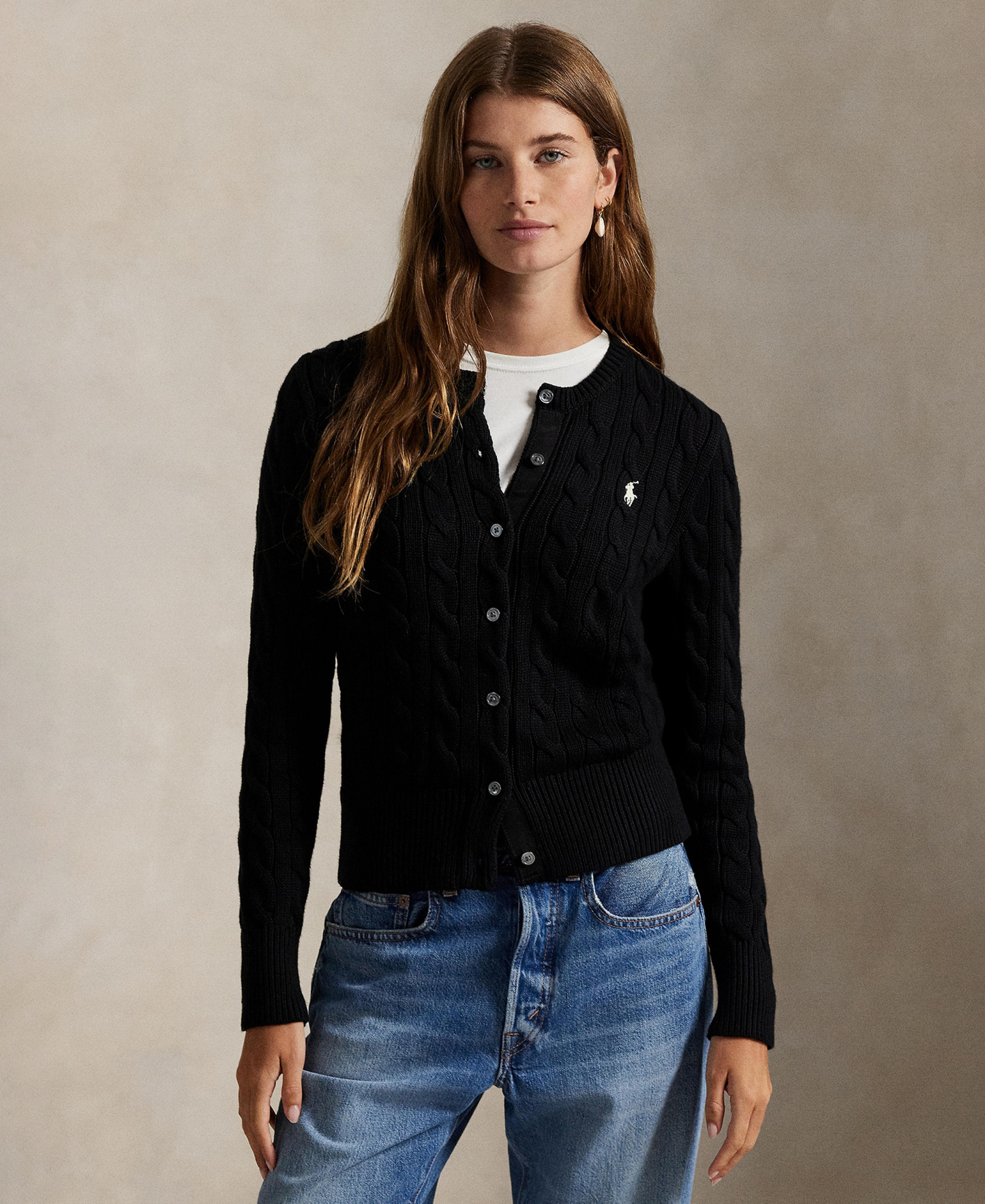 Polo Ralph Lauren Women's Cable-Knit Cotton Crewneck Cardigan Sweater - Polo Black