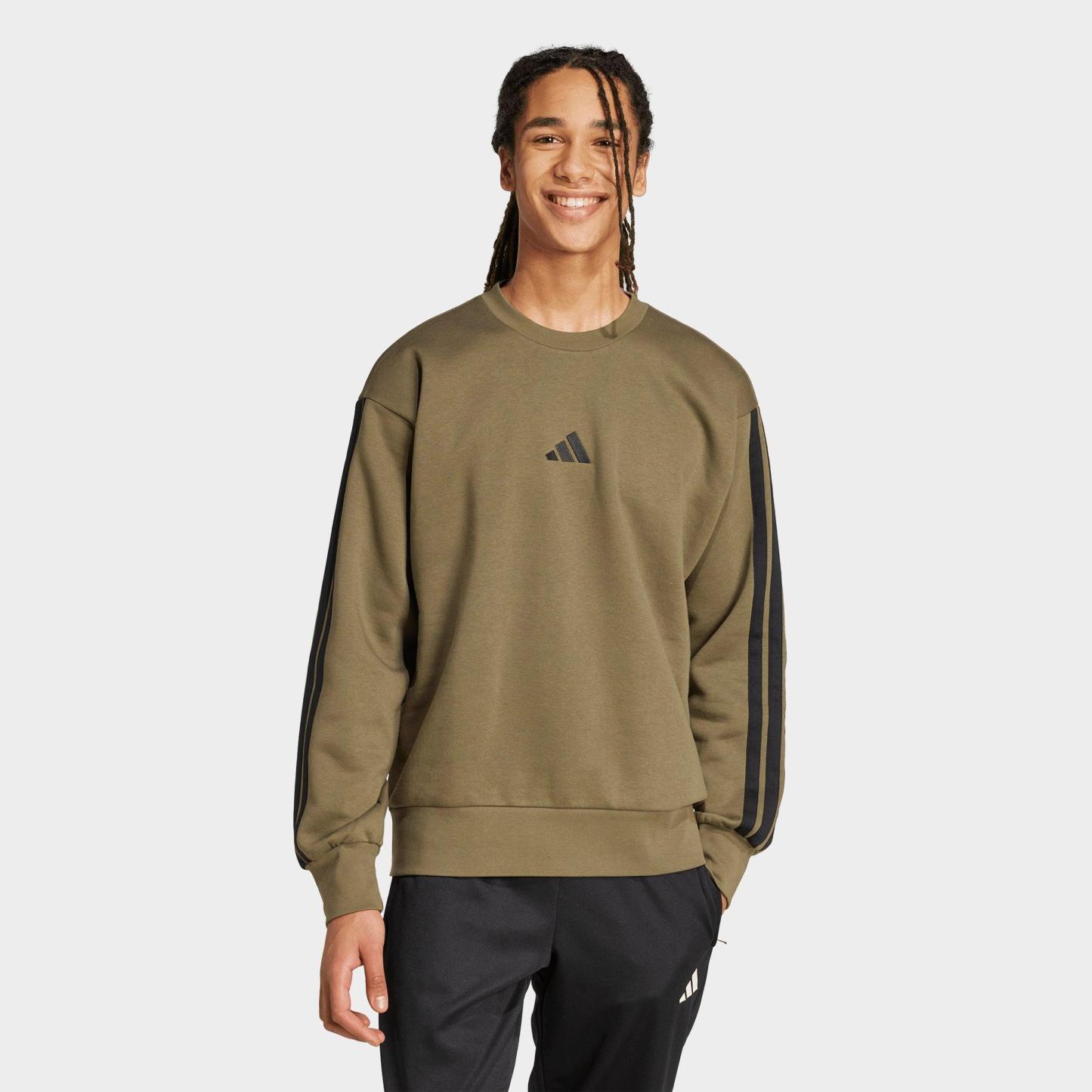 Men's adidas Essentials 3-Stripes Fleece Crewneck Sweatshirt - Olive Strata/Black