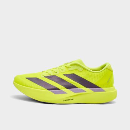 Men's adidas Adizero EVO SL Running Shoes - Part 1 - Solar Yellow/Aurora Plum/Powder Plum - Left shoe facing left. Outside of the shoe.
