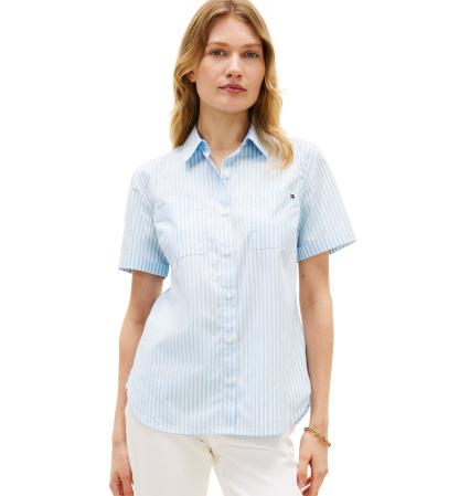 Tommy Hilfiger Women's Classic Poplin Short-Sleeve Shirt - Banker Stripe Vessel Blue / White