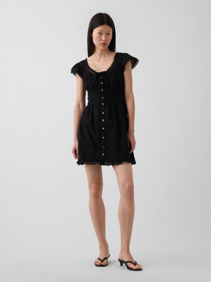 Scoop Neck Lace-Trim Mini Dress - True black