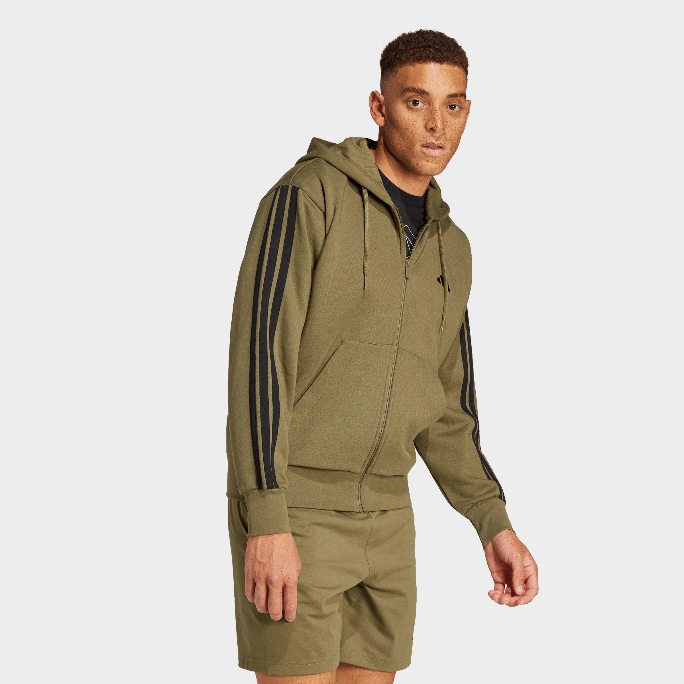 Men's adidas Essentials 3-Stripes Fleece Full-Zip Hoodie - Olive Strata/Black