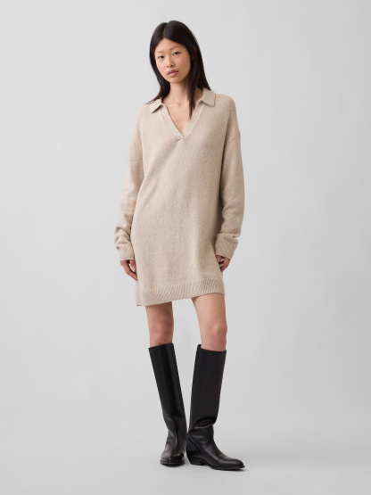 CashSoft Oversized Polo Sweater Mini Dress - Cobblestone beige