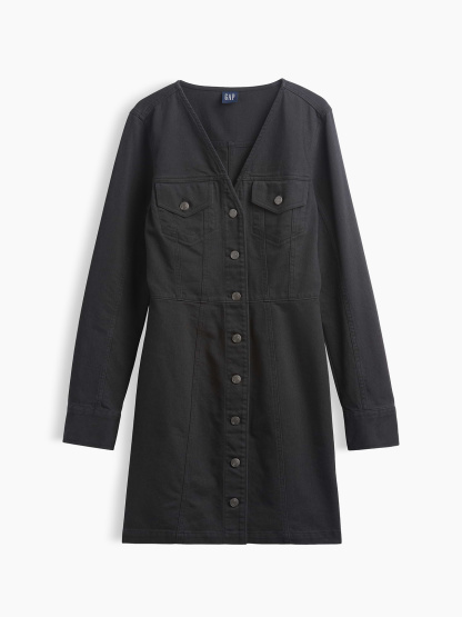 V-Neck Button-Front Mini Dress - Black