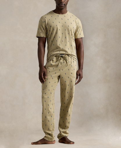 Polo Ralph Lauren Men's Crewneck T-Shirt and Pajama Pants, 2-Piece Set - Classic Khaki/ Cruise Navy All Over Polo Player