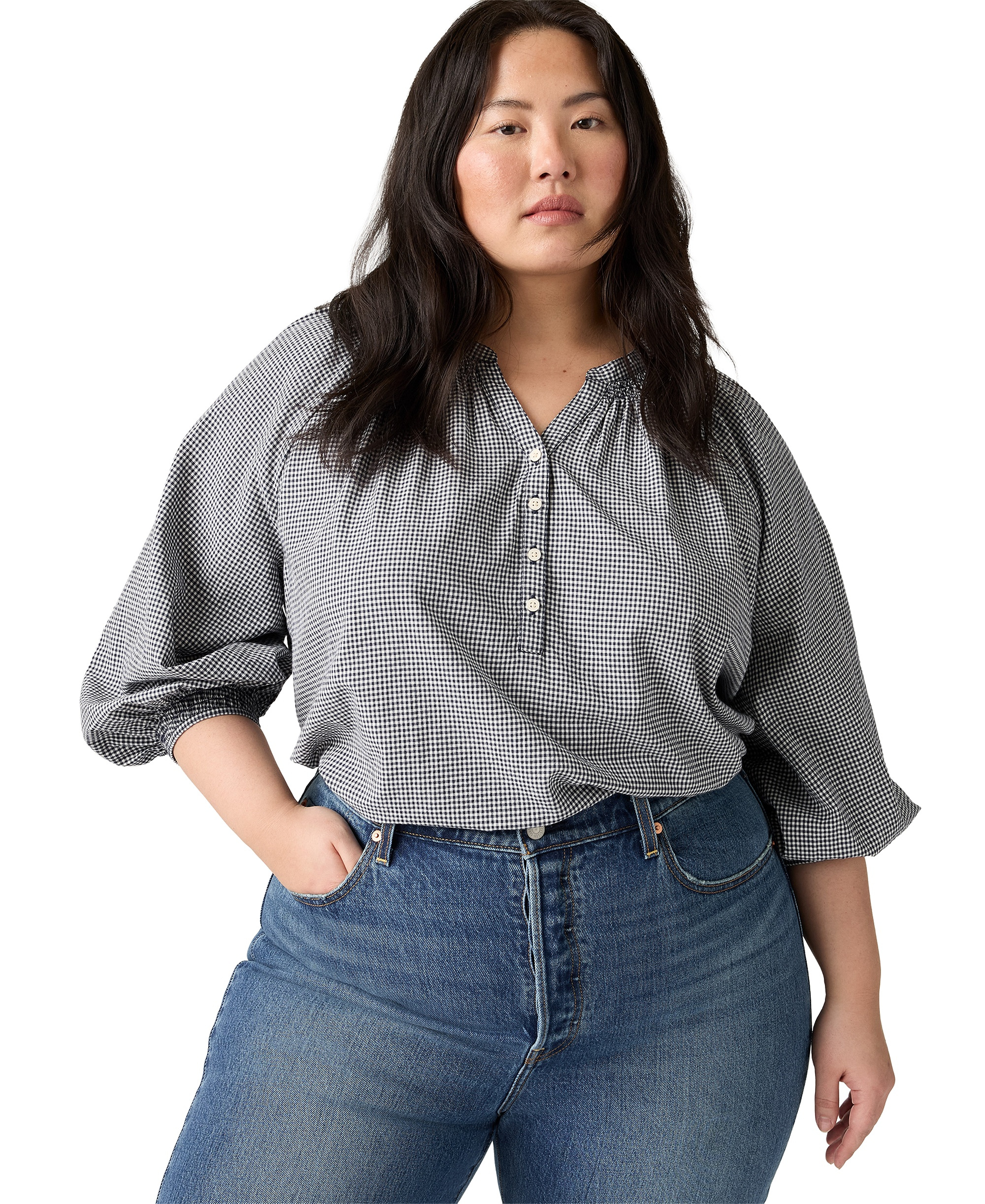 Levi's Women's Reverie Split V-Neck Blouse - Ceicil Even Micro Check Peacoat