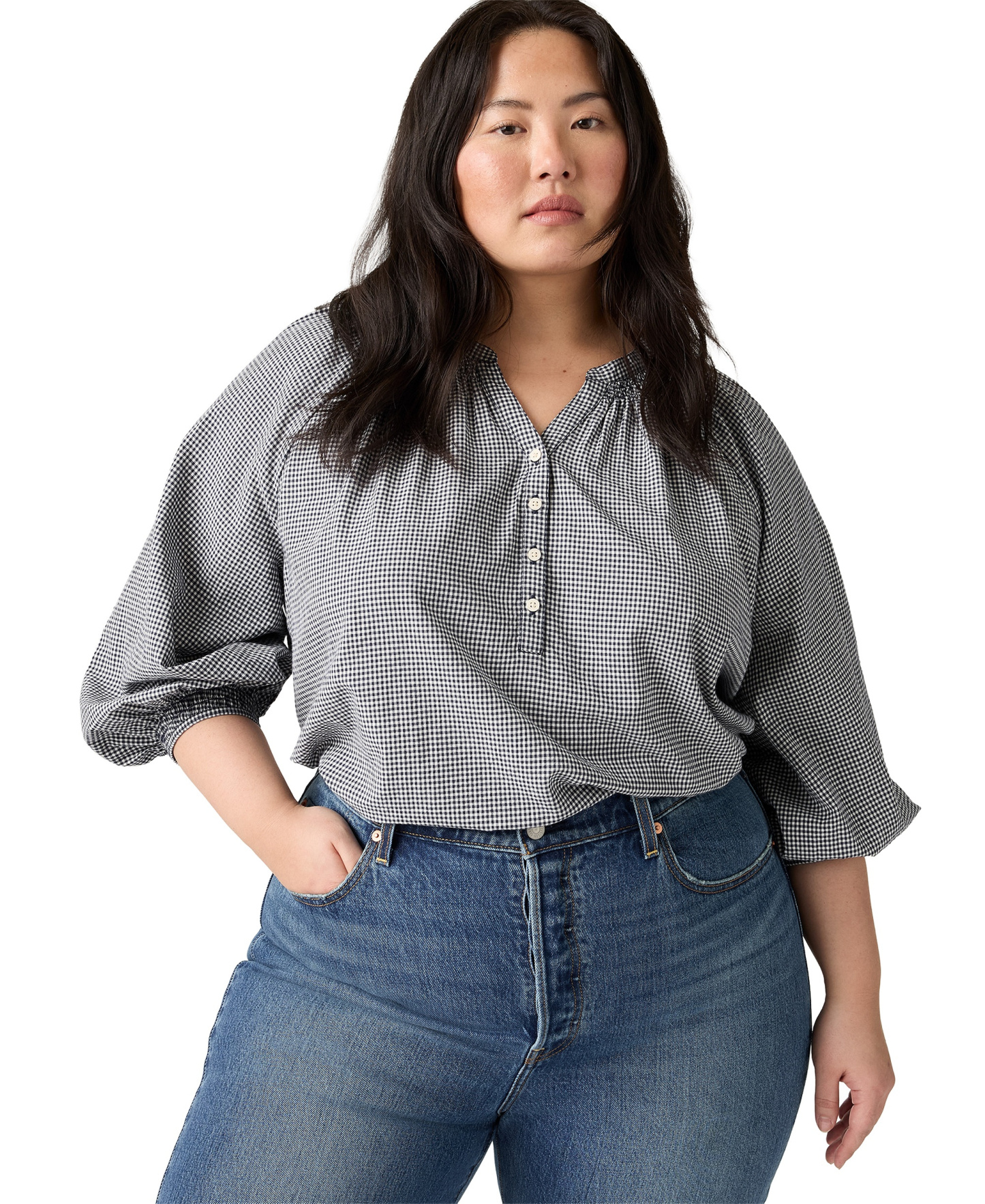 Levi's Women's Reverie Split V-Neck Blouse - Ceicil Even Micro Check Peacoat